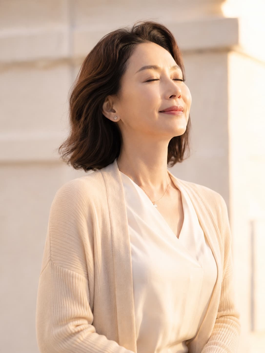 눈을 감고 평온하게 호흡하는 중년 여성 — 갱년기 전환기의 균형 회복을 상징