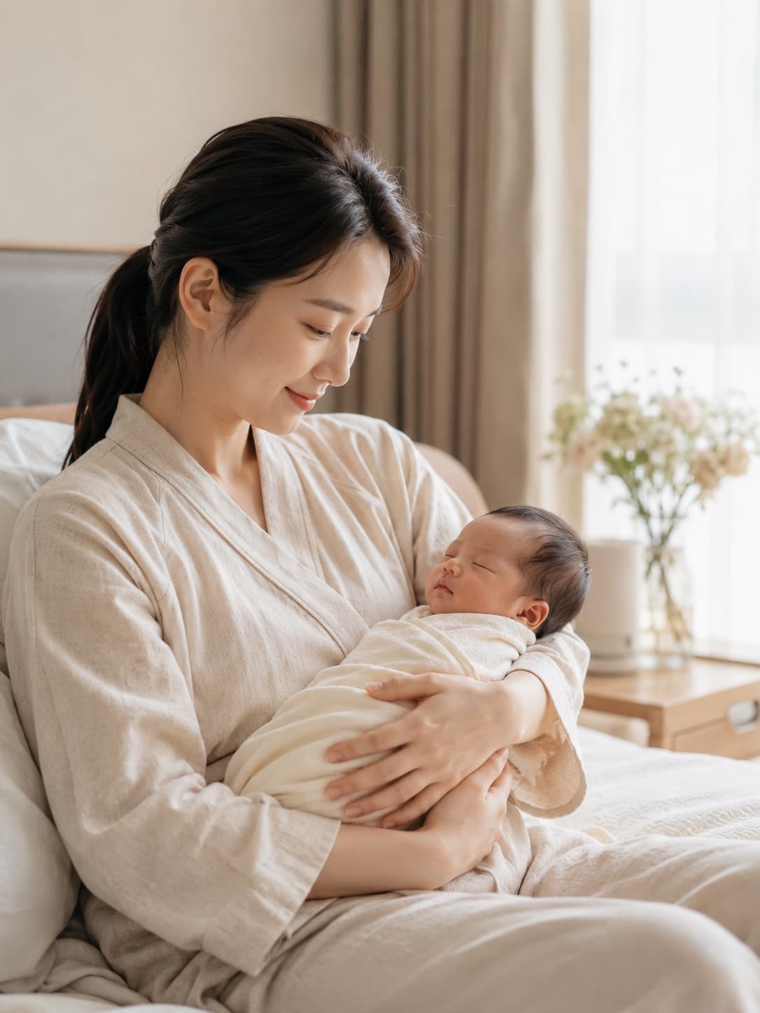 아기를 품에 안고 평온하게 바라보는 산후 여성